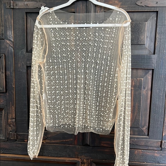 DAVI & DANI Tops - DAVI & DANI Sheer Cream Blouse with White Polka Dots